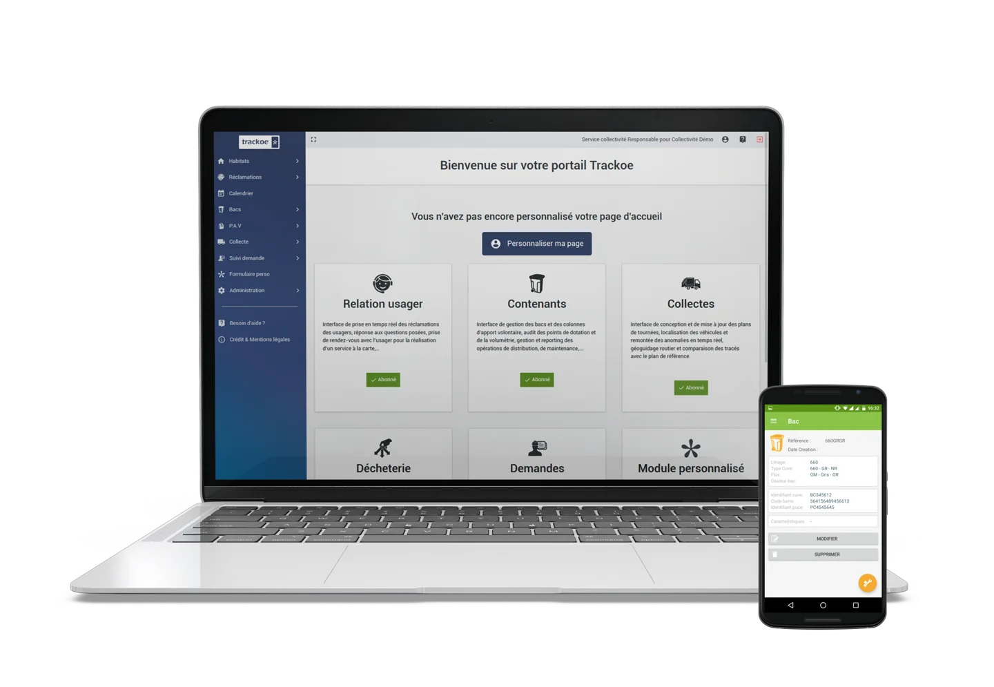 Aperçu de l’application Trackoe : Gestion des contenants